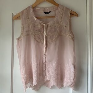 Lacey No Sleeve Sheer Top, Pink, Small